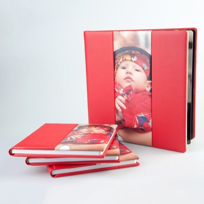 Set albume foto de botez din eco piele roșie pentru părinți și nași