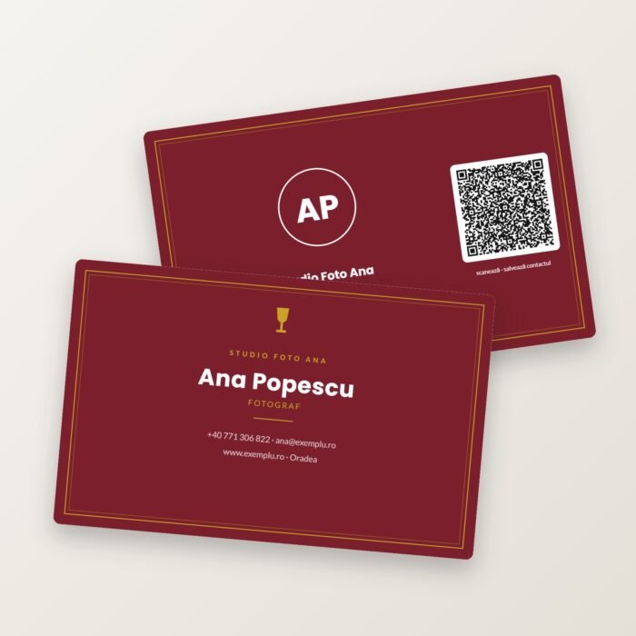 Tarjetas de visita con la plantilla Elegante, burdeos y dorado, anverso y reverso con código QR