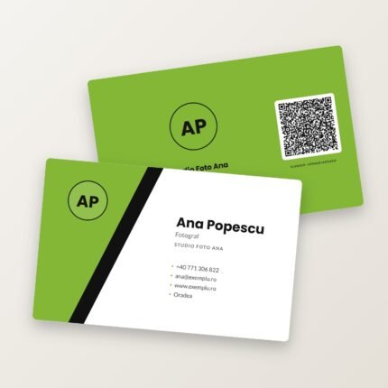Cărți de vizită personalizate față-verso, cu cod QR vCard pe verso — șablonul Diagonale